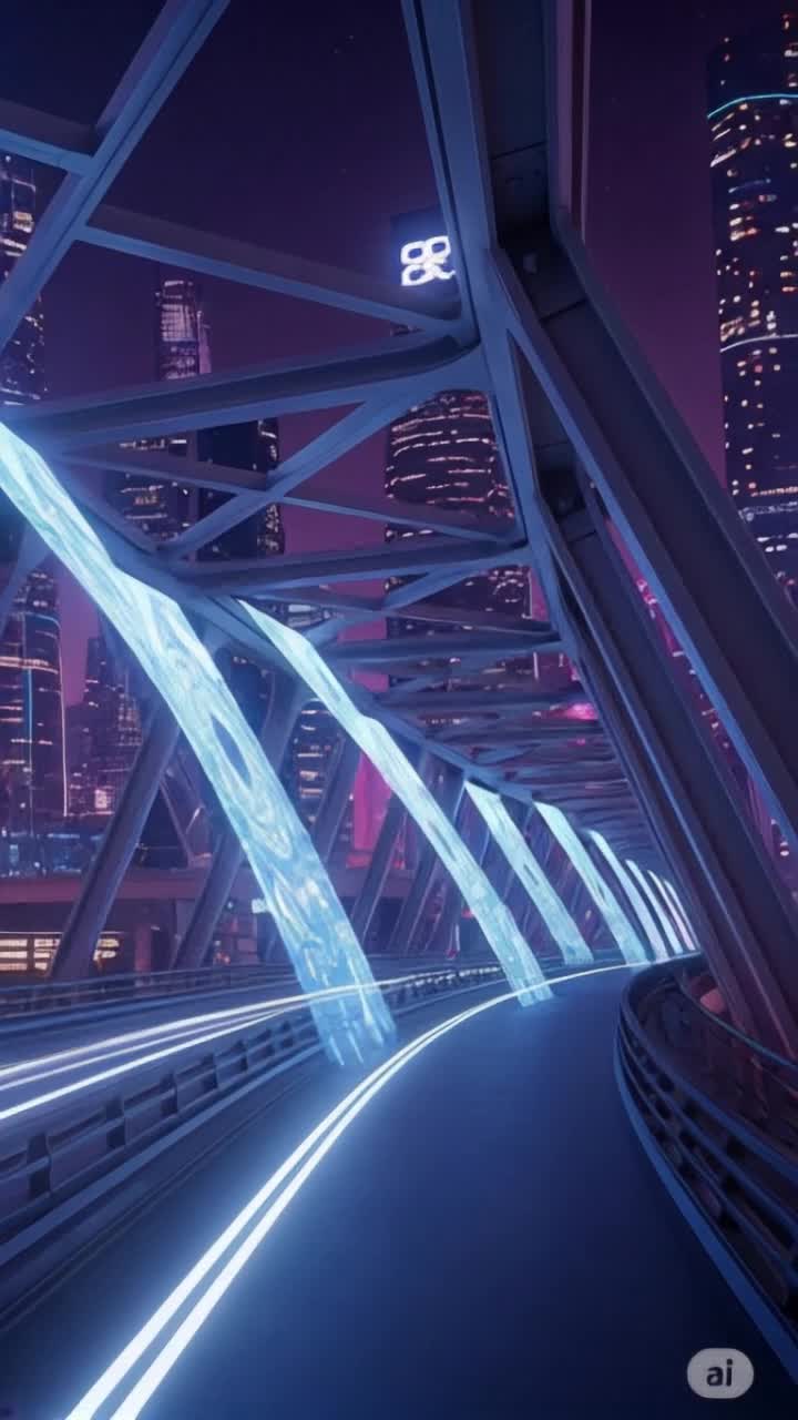 Swirling orange hues ahead Yellow light streaks on the angled, scifi bridge Closer, metallic frame dominates Traveling across the bridge
