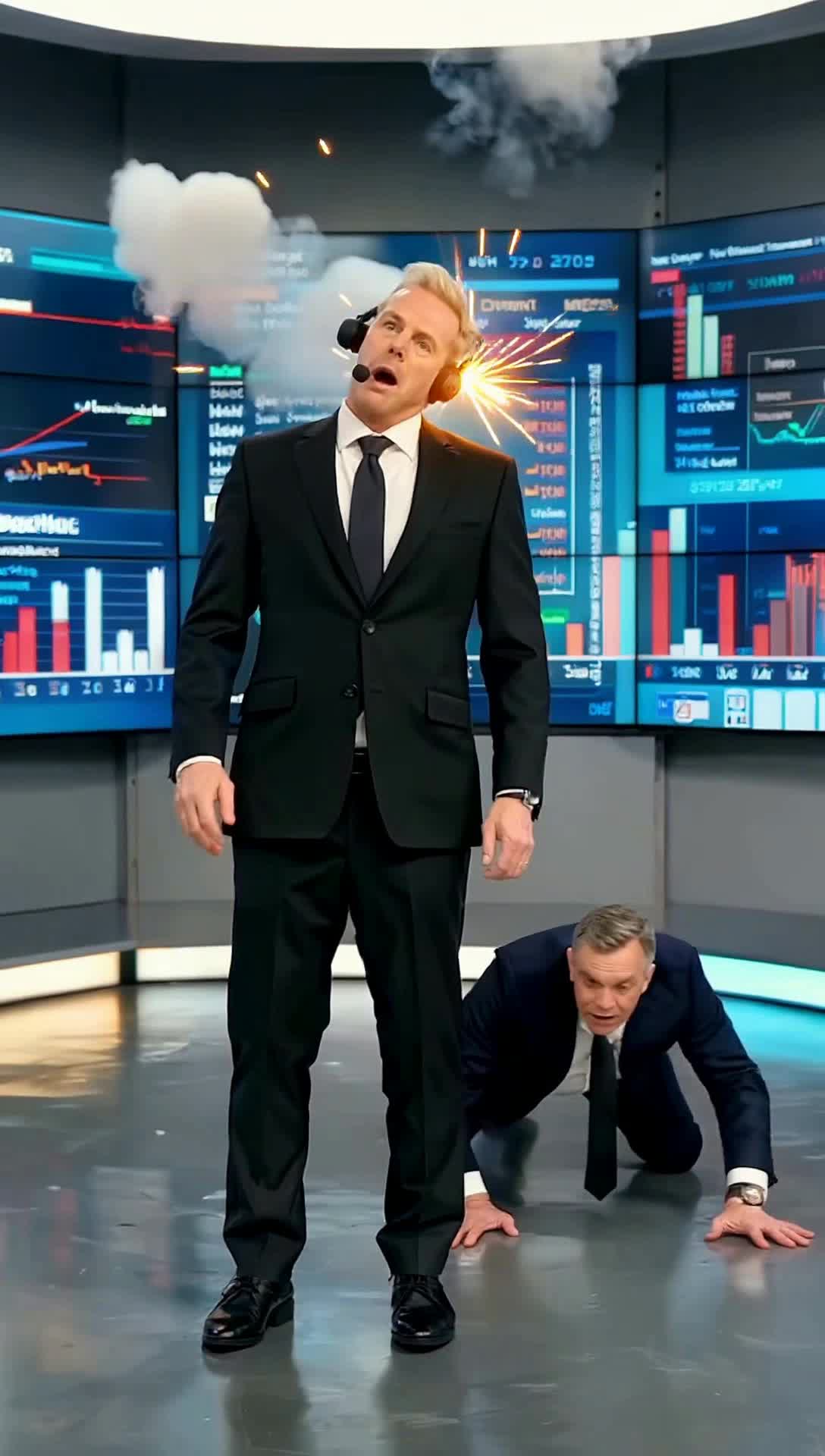 Famous news anchor for CNN glitches as sparks and smoke shoot out of the ears and head tilts crookedly, the news director crawls on the floor in hands and knees, trying to not be seen in camera view, to nudge the broken robot anchor to try to finish the report that has a graphic on screen behind which shows a strong regrowth of economy, how can they usher in their new age of commynisms if they cant convince the people that they are in dire need of certain death, back to the religious drawing board, the robot anchor head falls off setting the set ablaze as the director gives up, stands and runs out of the room to save himself