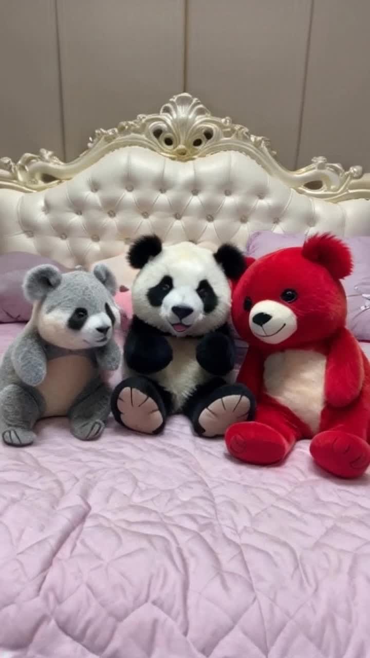 STUFFED ANIMALS Turn a line drawing of a character in to animated stuffed animal A cute koala stuffed toy a red panda  stuffed  toy, a hedge hog stuffed toy, a panda stuffed toy, a penguin stuffed toy, an armadillo stuffed toy, a sloth stuffed toy, a vibrant red fish stuffed toy , all these toys are kept on a  LUXURIOUS KID NURSERY BED 