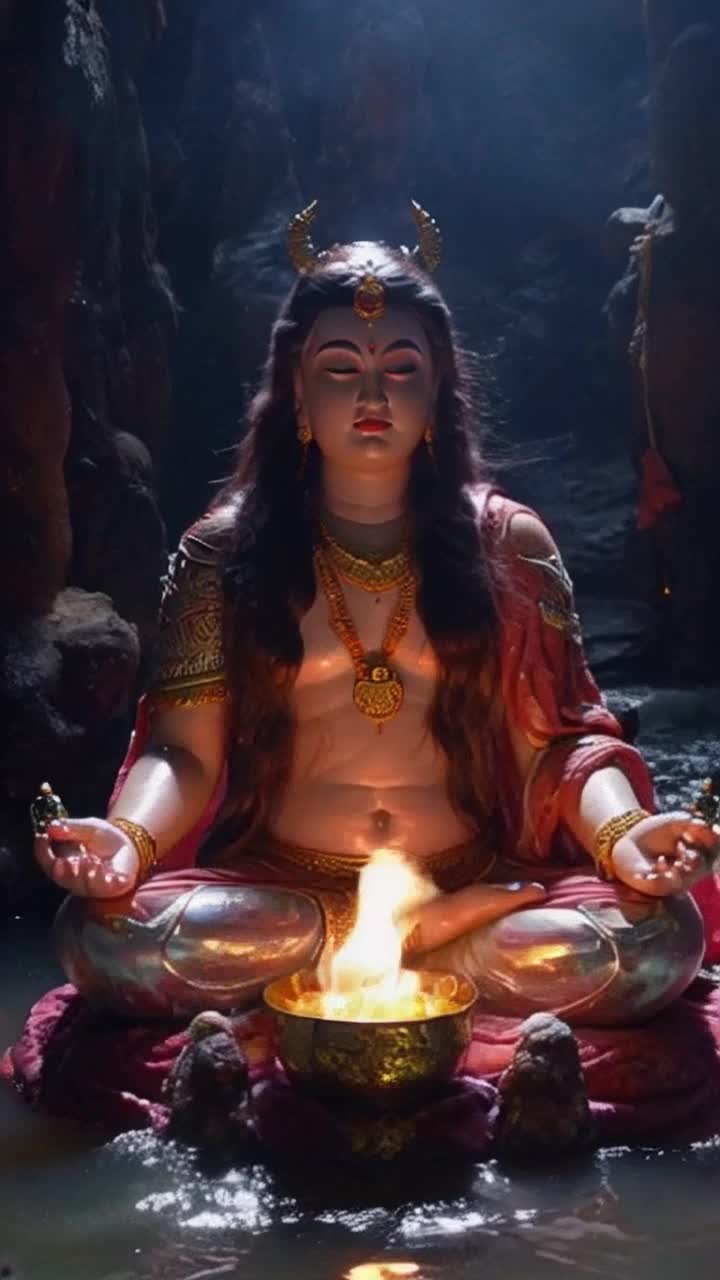 A serene and powerful scene depicting Lord Shiva, also known as Bholenath, deep in meditation tapasya in the Himalayas The setting is a tranquil mountain cave, surrounded by snowcapped peaks Shiva is shown seated in a lotus position, his eyes closed in deep concentration, with his long matted hair flowing gently in the wind He wears a tiger skin around his waist, and the crescent moon rests on his head The glow of a sacred flame illuminates his form, casting a divine light There are soft ripples of energy emanating from him, symbolizing his immense spiritual power In the background, the sound of flowing water and chanting mantras fills the air