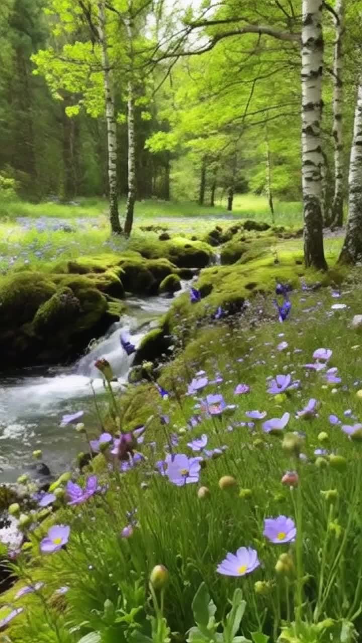 Vibrant  purple blue butterflies dancing elegantly above radiant wildflowers swaying softly in a gentle breeze Sparkling stream rushing playfully through lush greenery Whispering sunlight casting enchanting patterns on ancient birch trees creating mesmerizing shadows on soft mossy carpet Lush velvet moss covering woodland floor inviting curiosity into serene natural paradise Butterflies landing lightly on vivid petals crafting intimate moments of beauty within calm forest Retreating greenery surrounding observers in a soothing embrace of nature Melodic whispers of flowing water enriching the atmosphere with tranquility and harmony in this idyllic outdoor haven