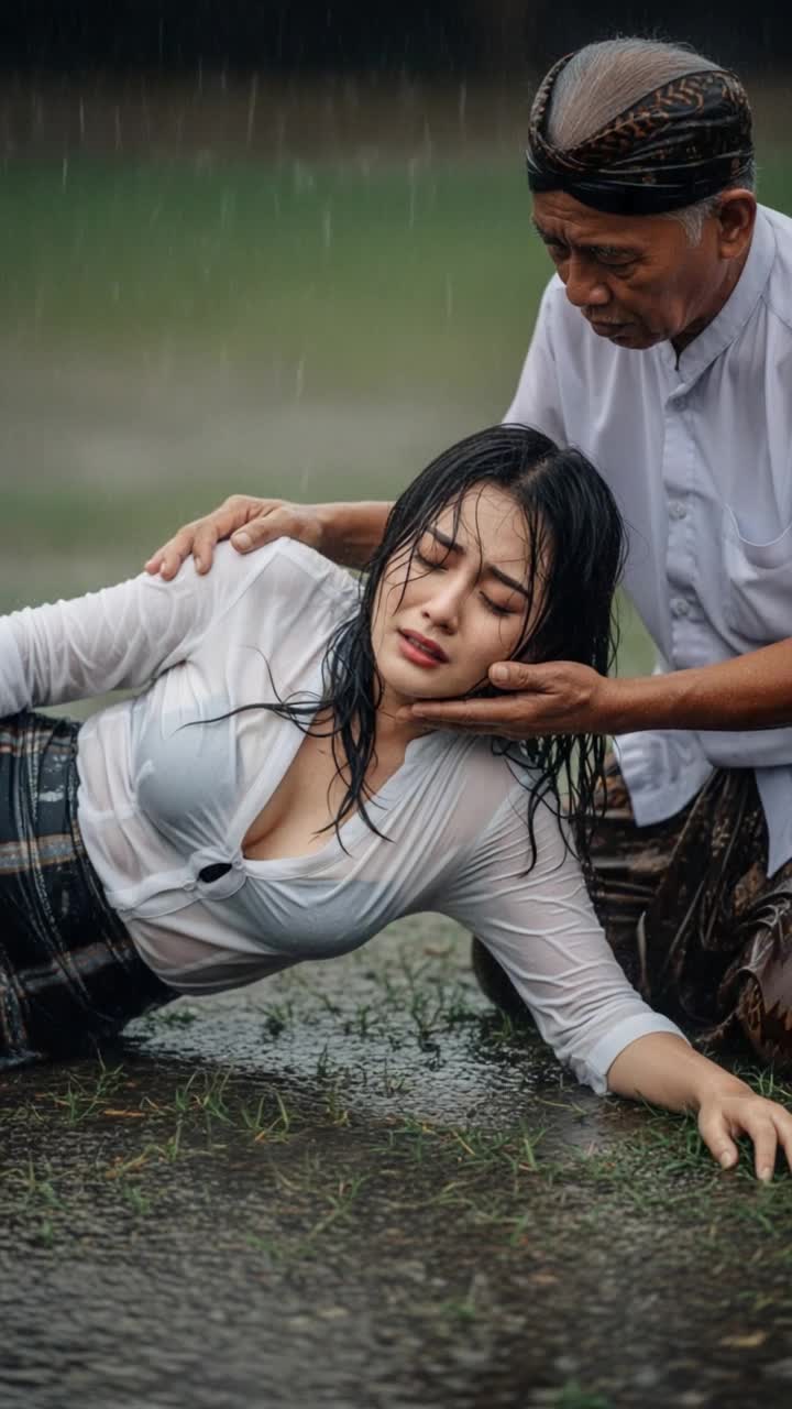 A dramatic moment captured in the pouring rain, where a beautiful KoreanIndonesian woman, drenched and vulnerable, is being helped by an elderly Indonesian man The woman, in a wet, clingy white blouse and skirt, lies in a puddle with her body slightly curved, her expression filled with anguish and distress The grandfather, wearing traditional Balinese attire, kneels beside her, his hand gently holding her chin, providing comfort in this emotional moment The heavy rain creates a chaotic backdrop, with water splashing and droplets visibly falling around them, intensifying the emotional scene
