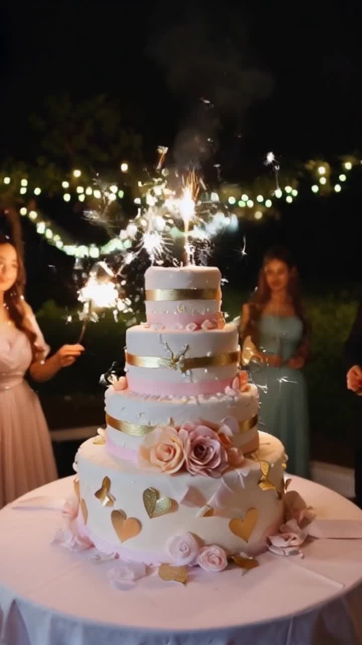 Lavishly decorated wedding cake towering three tiers adorned with pastel florals and shimmering gold accents radiating elegance Celebratory sparklers illuminating the scene with dazzling light twinkling as guests gaze in awe Whimsical 3D effects swirling around the cake creating magical illusions of floating petals and glimmering hearts set against a backdrop of a romantic evening reception filled with soft fairy lights and lush greenery