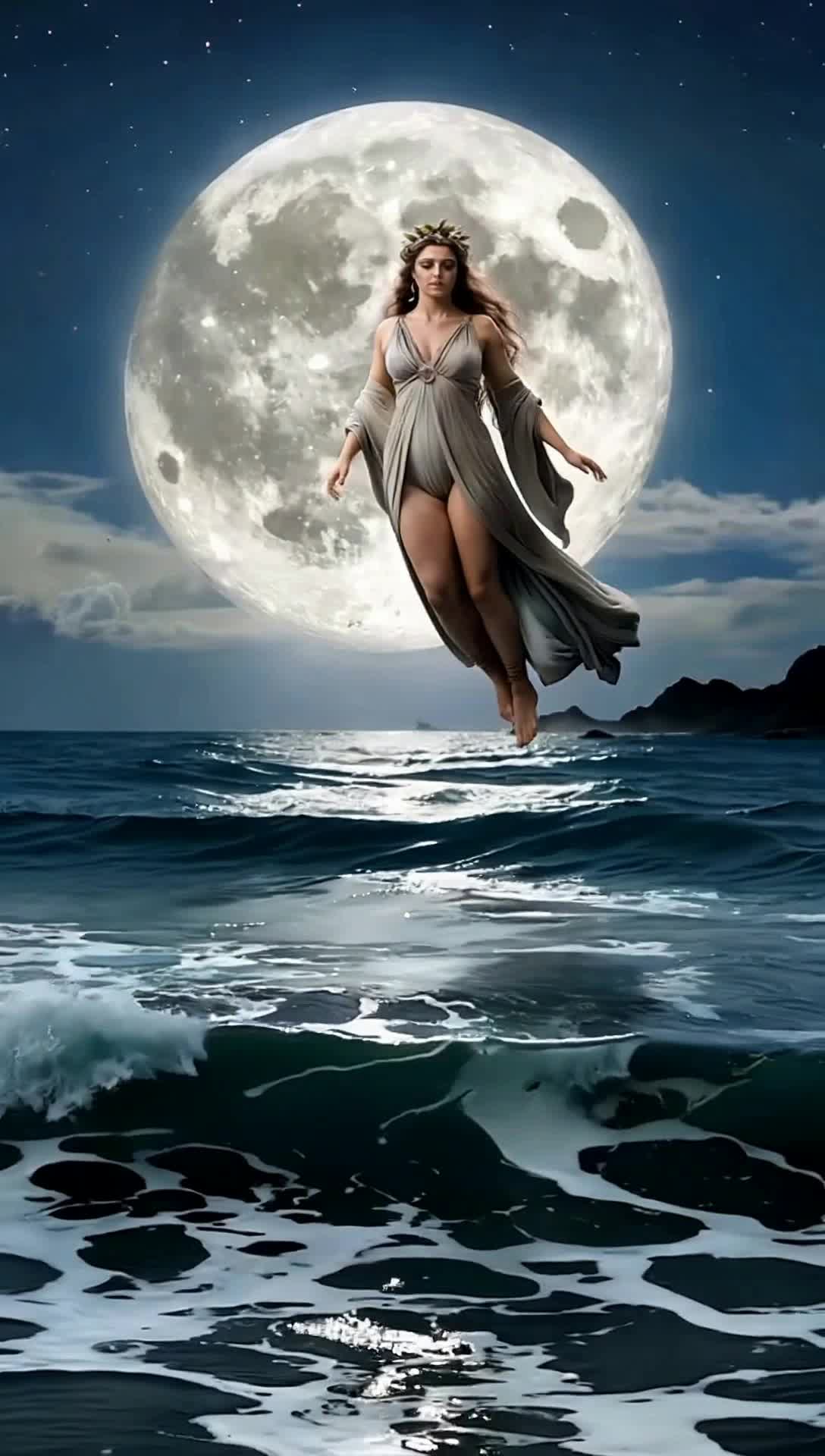 the ebb and flow of the sea in the night with selene the greek moon goddess above the sea in front of the giant moon