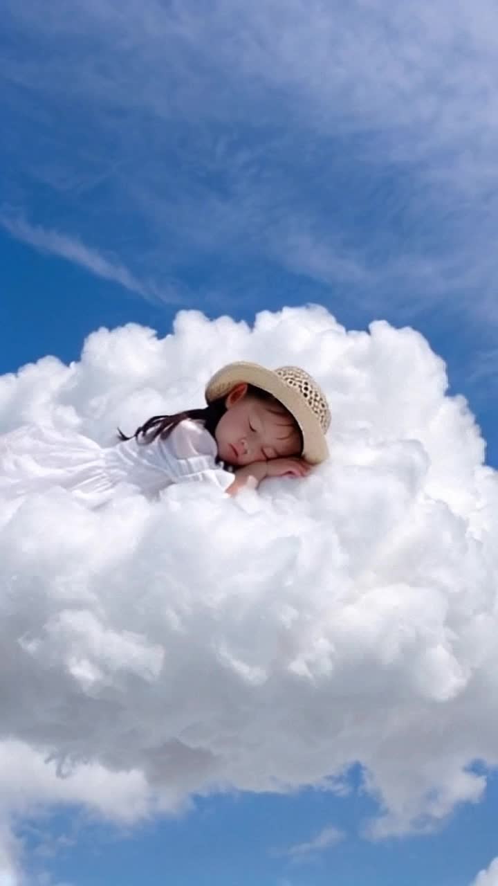 A 10 year old fluffy little girl sleeping on the cloud while flying in the sky