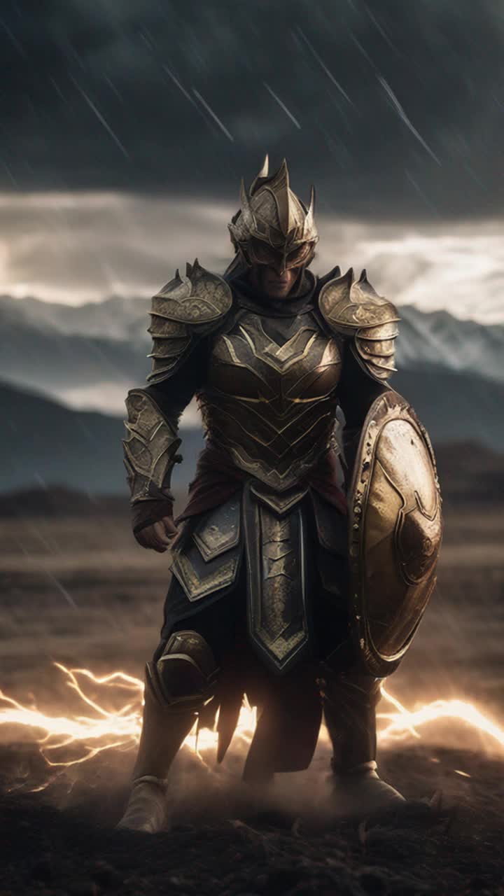 High vibrational warrior clad in radiant armor charging forward with fierce determination illuminating aura surrounding body Shockwaves of brilliant light released rolling across battlefield scattering dark shadowy demons like wisps at dawn moment Powerful clash of good versus evil unfolding amidst a backdrop of stormy skies and jagged mountains lightning illuminating fierce faces of warriors set against a sprawling landscape filled with chaos and energy