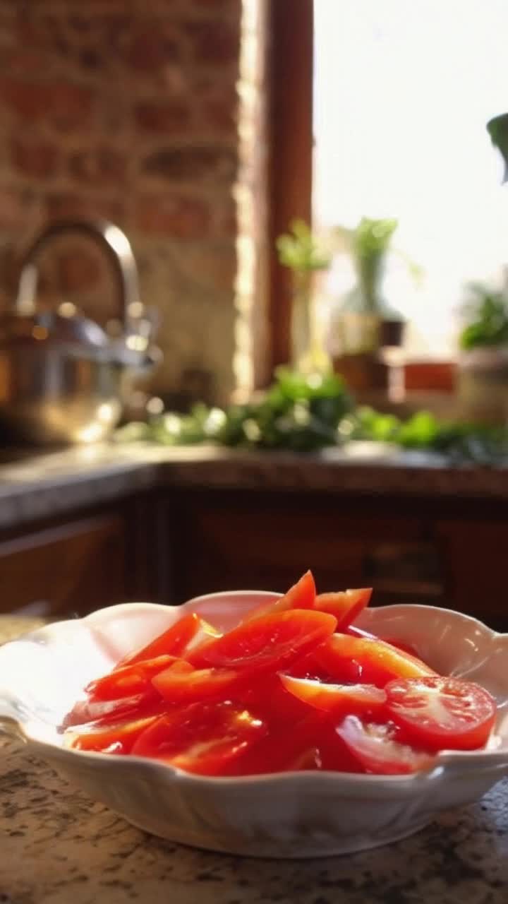 Anime of sharp blade glistens under bright kitchen lights slices through vibrant red tomatoes smooth juice spills onto a white glass china dish sunlight streams through a nearby window illuminating fresh herbs scattered around rustic countertops
