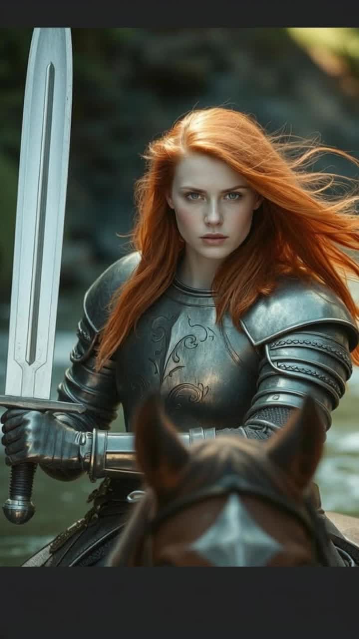 A beautiful red head woman, with a brave look in her eyes gazing into camera as she rides forward, water splashes up