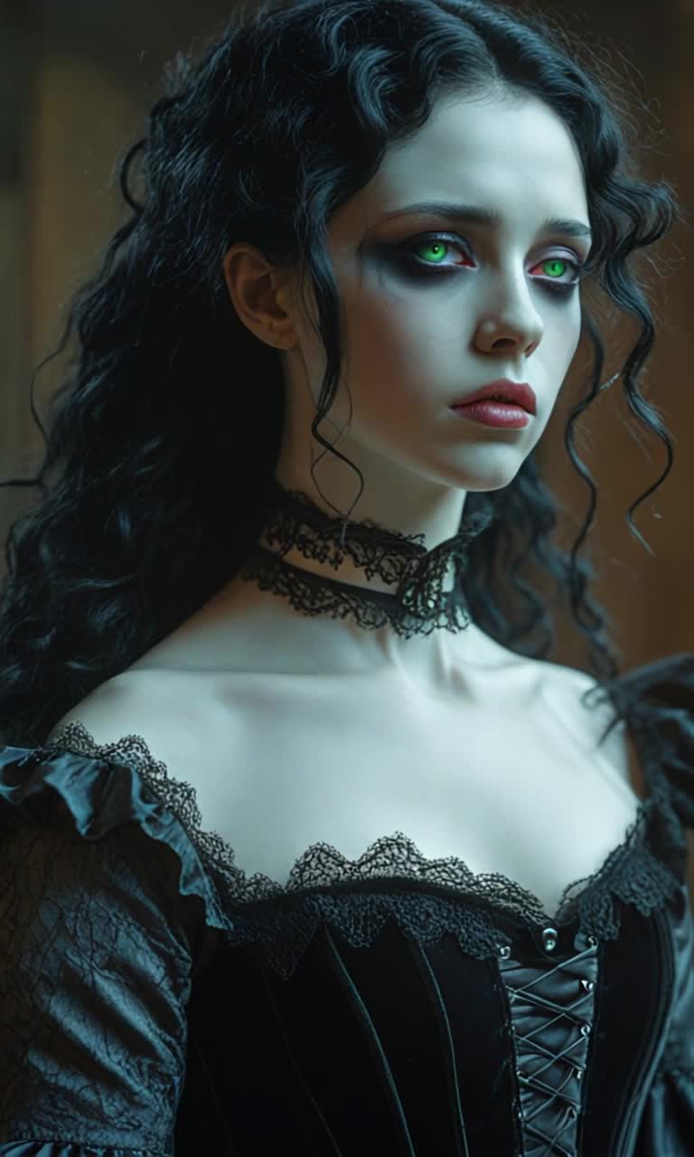 Woman with cascading black hair adorned in gothic attire pours her heart into a haunting melody Voice echoes powerfully like thunder resonating through a desolate forest Shadows dance around her as dark clouds swirl overhead Moonlight breaks through the branches illuminating her somber expression Eerie whispers carried by the wind enhance the atmosphere, creating an otherworldly vibe Mist rolls in from hidden depths, cloaking the scene in mystery Spectacular gothic architecture looms in the background, towering spires piercing the night sky Enchanting yet mournful energy envelops every note as she captivates unseen spirits