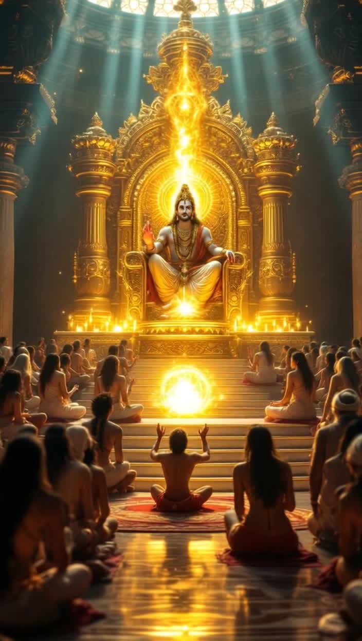 Majestic golden throne adorned with gems fits within an opulent royal court radiating regal splendor Sunlight cascades over Ayodhyas palace illuminating intricate carvings on polished floors as camera glides forward in smooth motion Lord Shri Ram radiates tranquility beside Goddess Sita exuding grace sage devotees encircle them with profound reverence Near their feet, devoted Hanuman gently presses with care showcasing deep love and service as divine light bursts forth revealing a universe within him Golden aura envelopes Ram Sita as assembly chants in awe Ram gestures blessing enveloped in ethereal luminosity leaving viewers enthralled with profound emotion