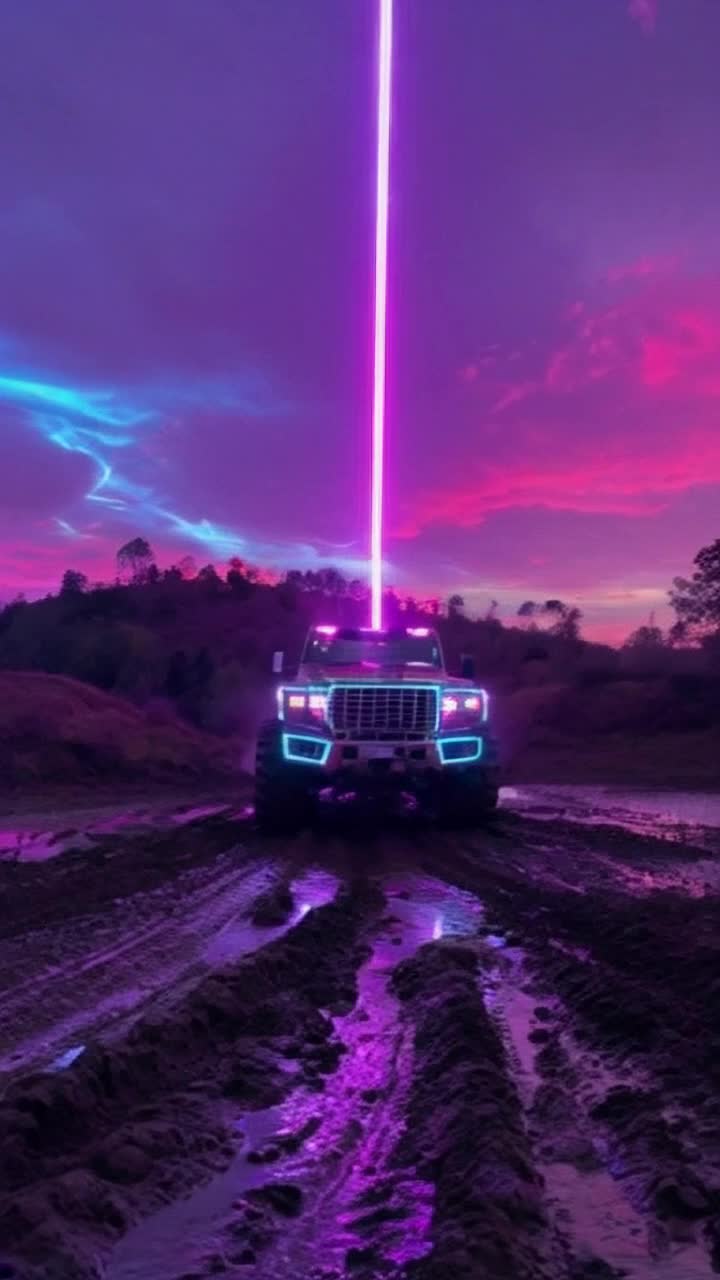 Vibrant monster truck adorned with neon stripes mired in slick deep mud struggling to break free wheels spinning wildly amidst an explosion of colorful lights pulsing with a retro synth wave rhythm glowing purple skies streaked with electric blues and pinks shimmering reflections of pulsating sound waves rippling through gnarled trees and distorted silhouettes of distant hills creating an atmosphere of surreal adventure in an otherworldly landscape