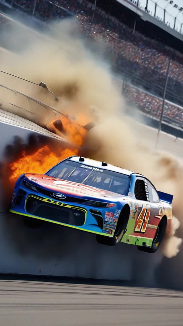 Nascar crash into the wall and the whole car explodes creatively 