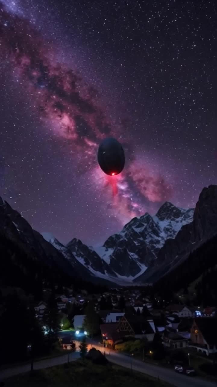Vast starfilled sky shimmering with bright constellations enormous metallic eggshaped spacecraft hovering silently above rugged mountain peaks crimson glow pulsating intensely scanning down jagged mountain cliffs illuminating quaint town nestled in the valley soft whispers of wind echoing through ancient trees as townsfolk gaze upwards in awe streetlights flickering on in response to strange phenomenon shadows dancing against the backdrop of auroras a sense of wonder mixed with unease as the ship fades invisible in night sky and the spacecraft hovers eerily still above the small town settlement as a cloud in the night sky