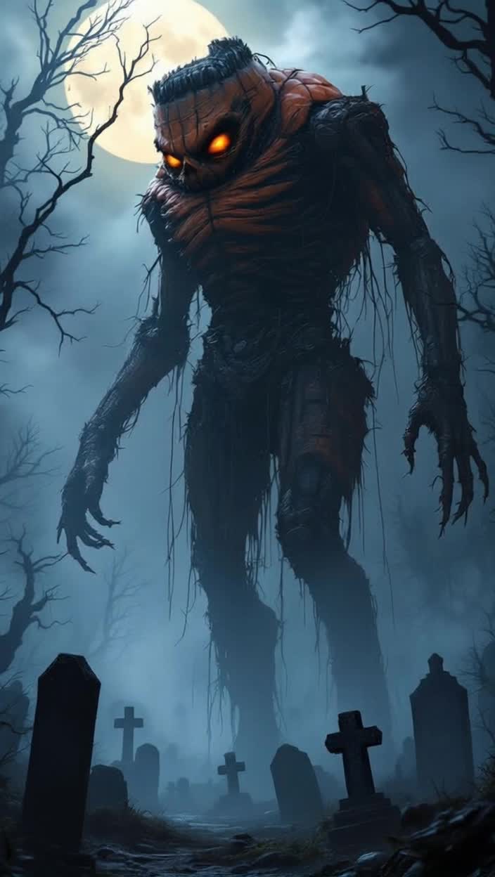 Ginormous Frankenstein monster pumpkin swaying gently through misty cemetery shadows shrouded in ghostly fog illuminated by flickering moonlight tombstones