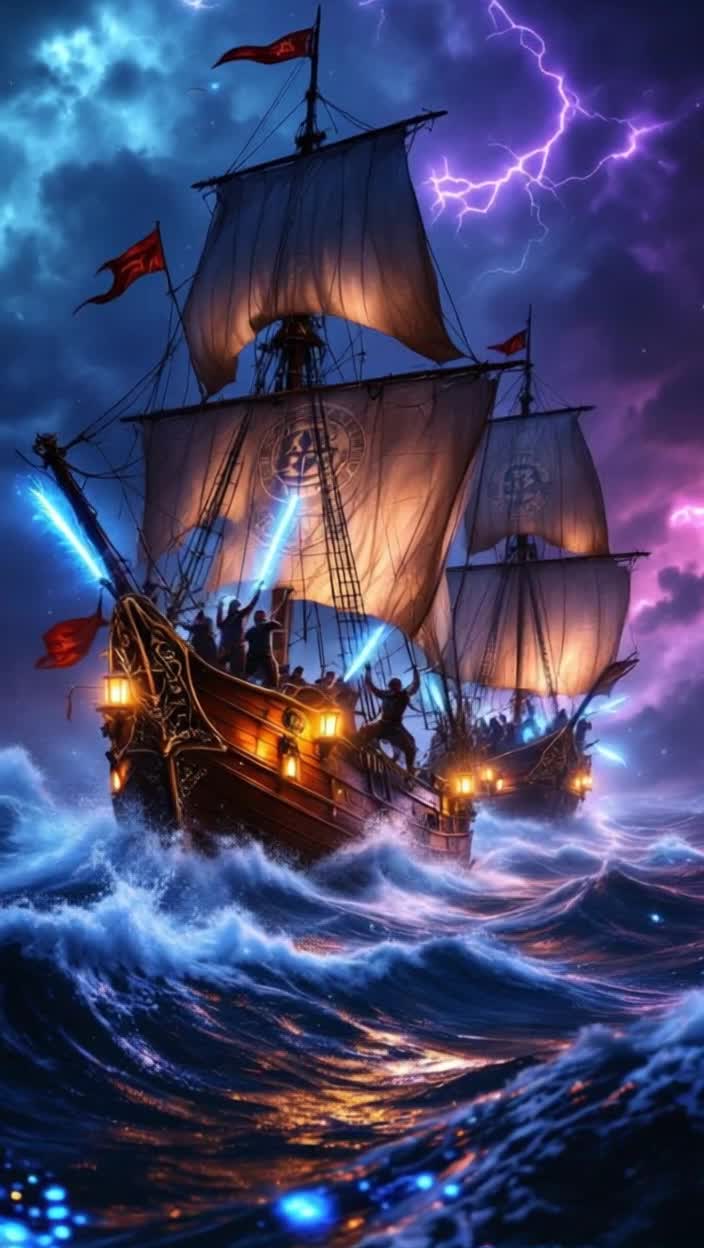 Two majestic sailing ships adorned with intricate magical runes captained by fierce sailors leaping through swirling sea mist wielding shimmering swords infused with arcane light Dramatic boarding action amidst phosphorescent waves flickering with glowing jellyfish underfoot Booming storms electrifying a violet sky revealing ghostly shapes in the rigging as torn sails flutter against the wind Lanterns casting warm golden light illuminating closeups of determined faces glistening with salt and sweat Cinematic kinetic camera movement enhancing high texture detail dramatic contrast between mystic glow and dark wood enveloped in a fantastical realism atmosphere