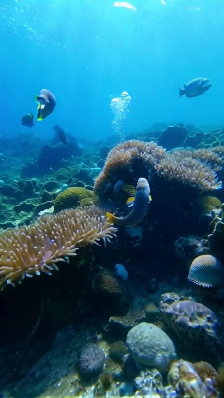 Animated seahorses swim playfully, hiding in coral and seaweeds, tapping at colorful shells on the sandy sea ground, gentle current sway of ocean grasses and bubbles
