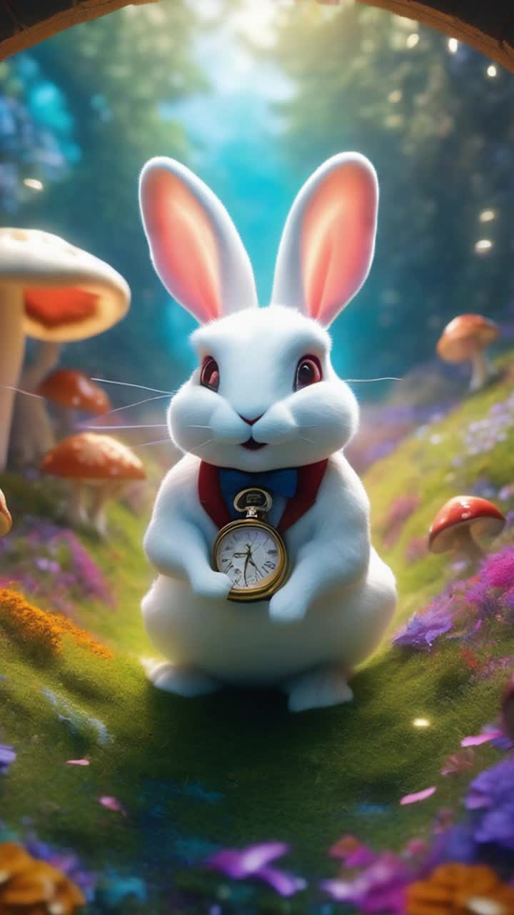 Whimsical white rabbit adorned with an enigmatic pocket watch dashes through a vibrant, swirling tunnel of colors glittering with ethereal lights Rabbit pauses momentarily glancing back with curious, twinkling eyes promising adventure ahead Door creaks open revealing fantastical landscape filled with oversized mushrooms and shimmering flowers swaying rhythmically Tantalizing scents of sweet blossoms linger in the air inviting exploration Sparkling pathways twist into the distance as faint sounds of laughter echo softly Reality bends as shadows dance playfully around, creating a mesmerizing realm where imagination reigns supreme