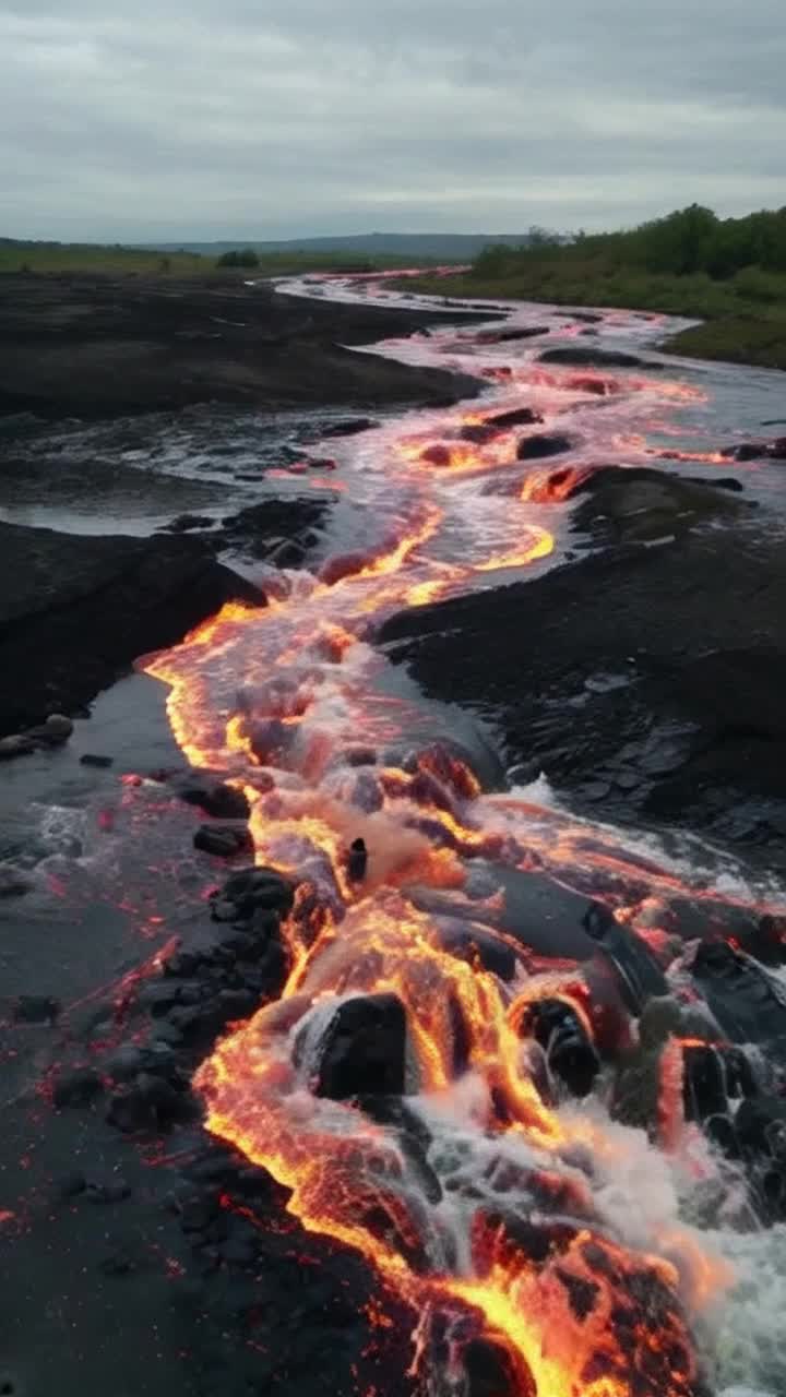 The steamy Lava River crashes turbulently towards a frantic family running away, step by step the frantic family runs towards the camera as a lava river is seen crashing in and turbulently splashing