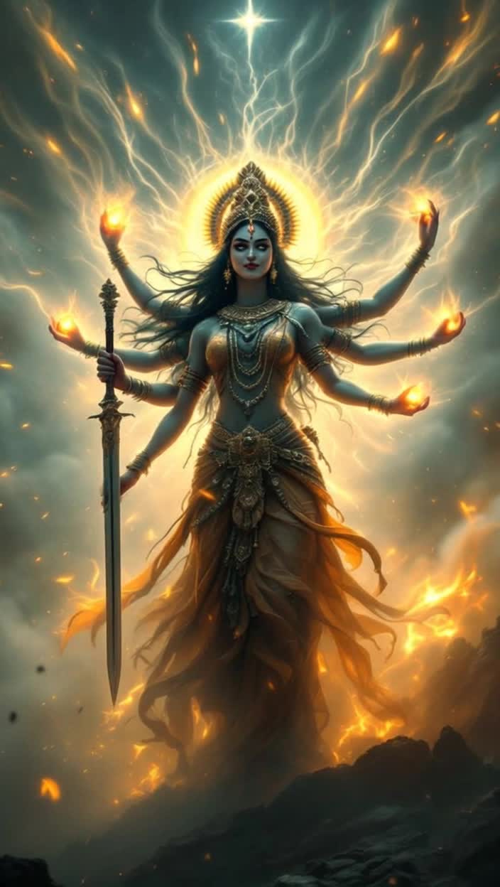 Majestic Goddess Katyayani radiates divine strength creating a powerful presence in a vivid animated reel Chaos surrounds her as the ominous shadow of Mahishasura looms generating destruction and dread Lights ignite capturing the fury of Brahma Vishnu Mahesh transforming into a radiant figure with swirling brilliance A serene yet fierce closeup unveils Katyayani her four arms embracing a sword and lotus symbolizing power and peace Darkness retreats as she triumphantly dispels evil with divine light The scene transforms revealing tranquility as she smiles softly invoking worshippers on Navratri capturing the essence of devotion with grandeur and beauty