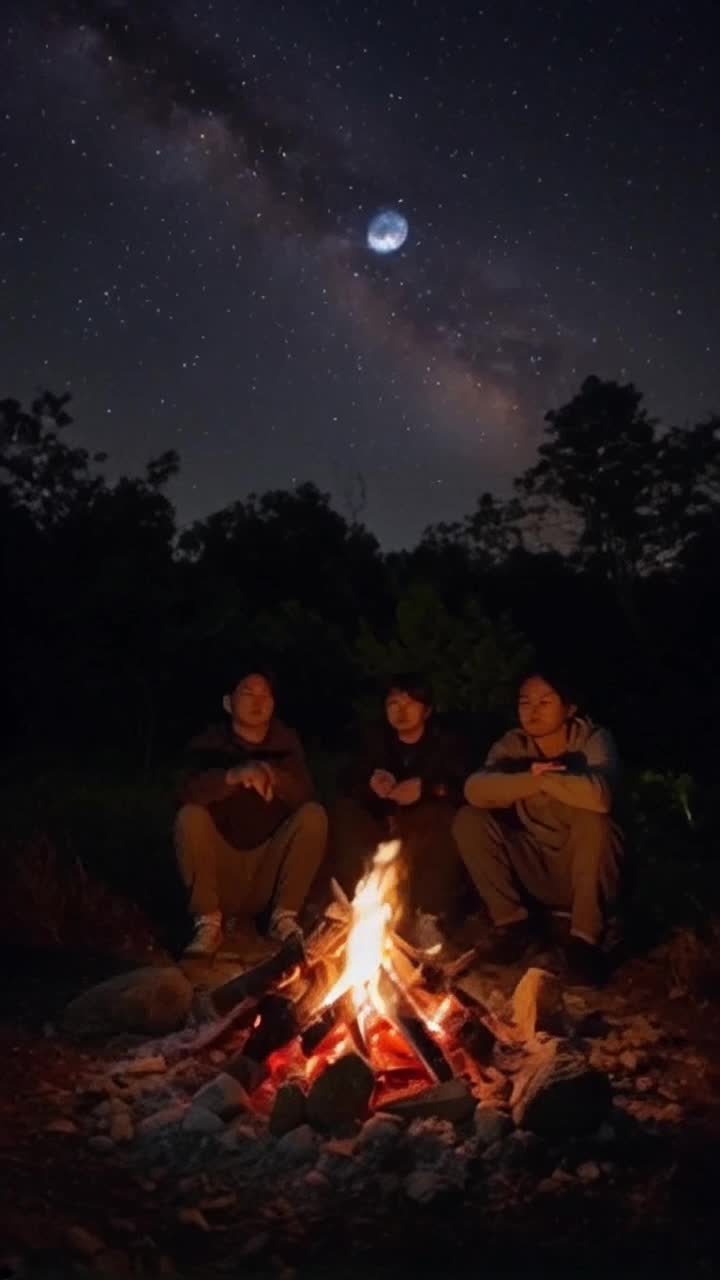 Diverse group of dreamers seated around a flickering campfire each lost in vivid thoughts eyes sparkling with creativity  vibrant flames casting dynamic shadows Action of weaving intricate tales with animated gestures echoing laughter mingling with whispers of possibility Background lush forest wrapped in twilight stars twinkling above illuminating the scene with a touch of magic mysterious sounds of night engaging the senses as imagination takes flight