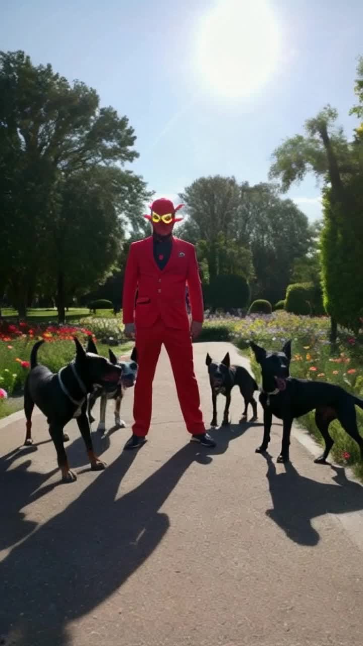 30 year old man in a striking Casa de Papel Money Heist costume with bright red jumpsuit and iconic mask standing confidently surrounded by intense zombie dogs with glowing eyes snarling and ready to pounce under a radiant sun casting playful shadows on the ground vibrant park filled with lush greenery and colorful flowers swaying gently in warm breeze adding a surreal contrast to the eerie atmosphere