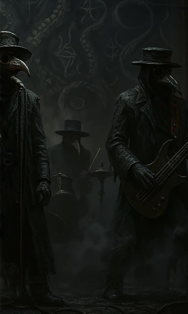 A dark gothic metal band bobbing heads rapidly and unison as they plays an erroneous point truth of deception in melodic irony, an amazing spectacle of explosion of gothic style pyrotechnics an epic display combusts in burning sensation behind and around the band as they perform in eerie dark spectacle