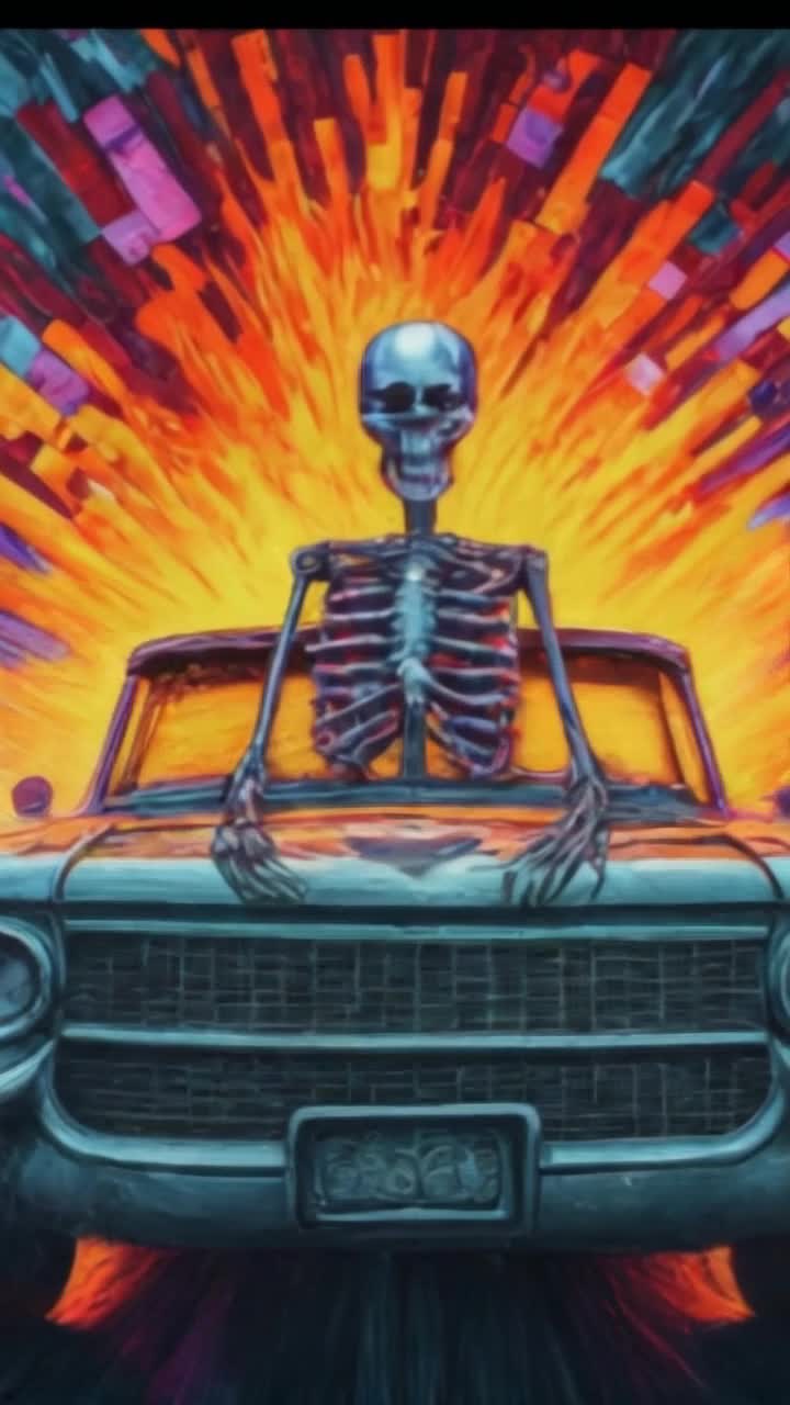 A skeleton barreling away at extreme speeds from an epic pyrotechnics explosion riding in a classic Cadillac with chaotic explosions erupting erratically in the background, 