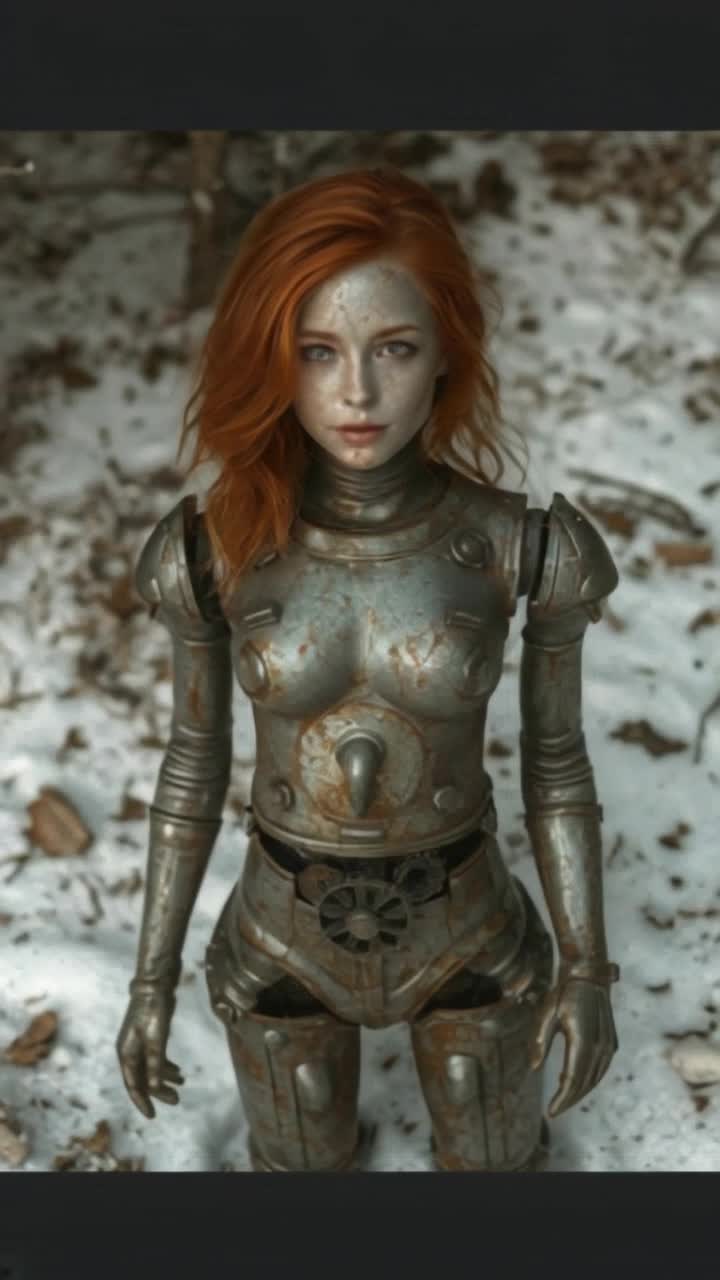 Beautiful red head robot with parts falling off her body to the ground
