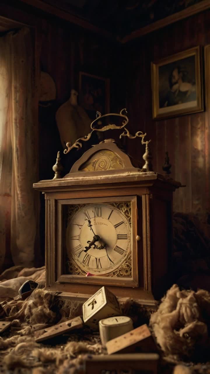 A dustchoked attic filled with forgotten belongingsan overturned toy chest spilling faded dolls and wooden blocks, a music box with a cracked porcelain ballerina, and an old grandfather clock stopped forever at 313 A single gold ring sits in a velvetlined box, tarnished with age The light from the attic window filters through grime, casting elongated shadows Amidst the clutter, a ghostly hand reaches from beneath a blanket of cobwebs to press lightly on the broken clocks face The air is chargedsomething ancient has stirred, summoned by sorrow stitched into the very objects once loved Gothic, melancholic, and deeply symbolic
