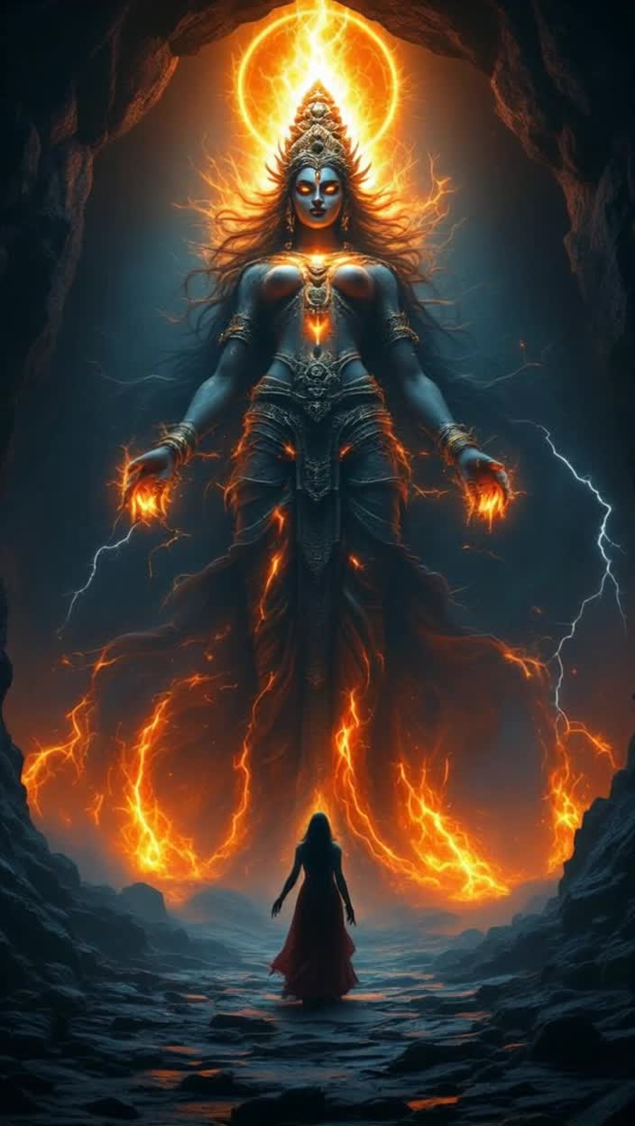 Maa Kaalratri statue towering with fierce grace glowing eyes radiating flames Action awakens with a thunderous roar flames erupting from open tongue lightning dancing in wild hair Background dark cave shrouded in shadows filled with echoes of howling wind chaos outside as an army of demons led by Raktabeej circles menacingly Intent on breaching sacred space contrasting serene statue within Action emerges with fierce laughter shaking earth battling against demonic army vanquishing terror with every powerful strike Lightning illuminating the scene Background shifting from chaos to calm as darkness fades revealing a tranquil light symbolizing strength nurturing peace