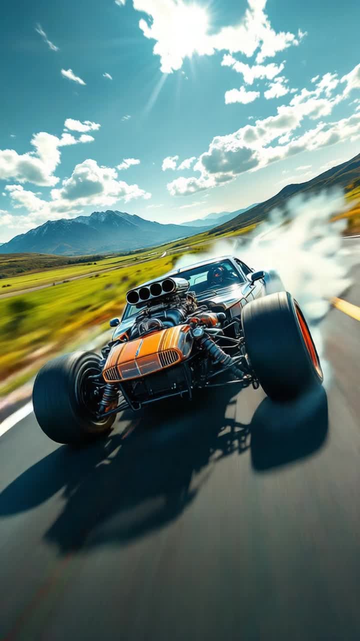 Sleek Ford Mustang Mach III turbo gleaming under bright sunlight roaring with power four muscular wheels spinning in a frenzy leaving behind a smoky trail of burnt rubber tires racing down an open highway adrift in vibrant green fields and distant mountains creating a sense of freedom and adventure blurs of color streaking at the edges of perception capturing the sheer thrill of speed and the classic allure of muscle cars