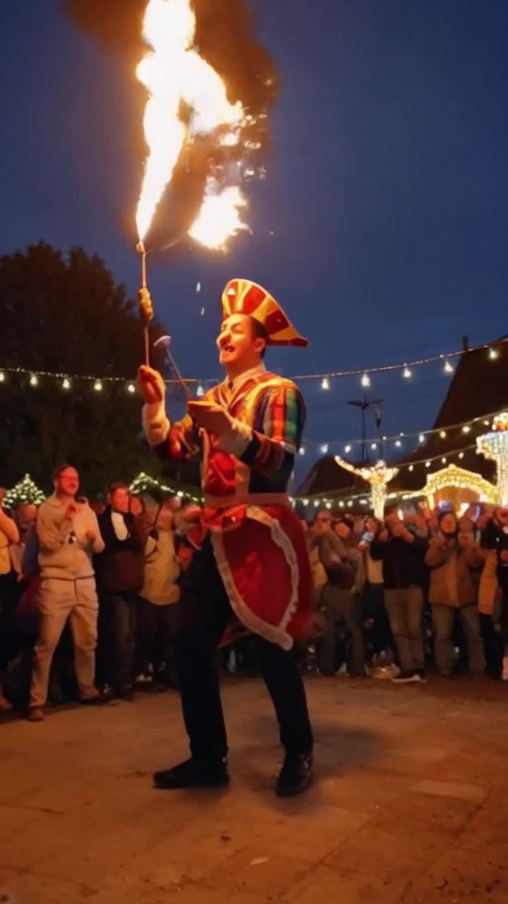 colorful jester in vibrant costume juggling flaming torches spinning effortlessly through the air with a playful grin on his face surrounded by a cheering crowd in a lively carnival setting under twinkling fairy lights and colorful banners illuminated by a warm evening glow