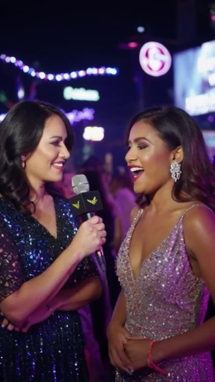 Entrevistadora mexicana deslumbrante de cabello oscuro y vestido brillante frente a mujer colombiana cautivadora con piel dorada y sonrisa radiante dando su opinin sobre los incomparables de la banda luciendo emocionada sus ojos brillan con admiracin ella describe con entusiasmo detalles de su vocalista El Venado un ambiente vibrante lleno de luces de nen msica envolvente y el murmullo de risas en un antro de energa contagiosa donde la pasin por la msica une a todos creando un momento inolvidable