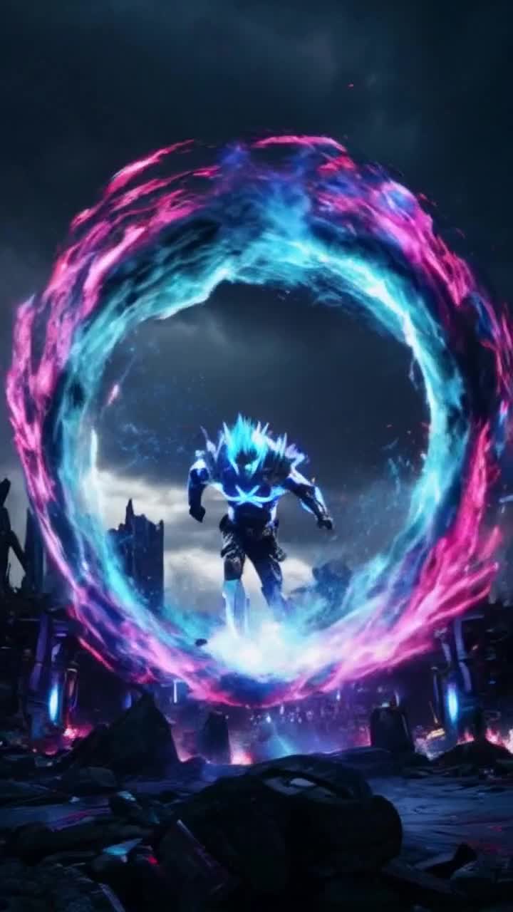 Chosen warrior with spikey hair radiating brilliant atomic blue energy travels from the 7th dimension to earth specifically to battle evil demons because hes the demon slayer and after hero posing he unleashes a high frequency barrage leaving the demon horde in ruin