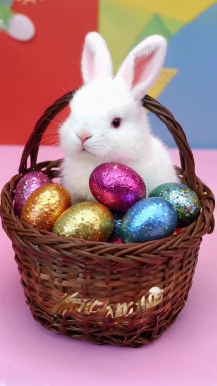 Colorful sparkly easter eggs in an easter basket, easter bunny, colorful background, text that says Happy Easter
