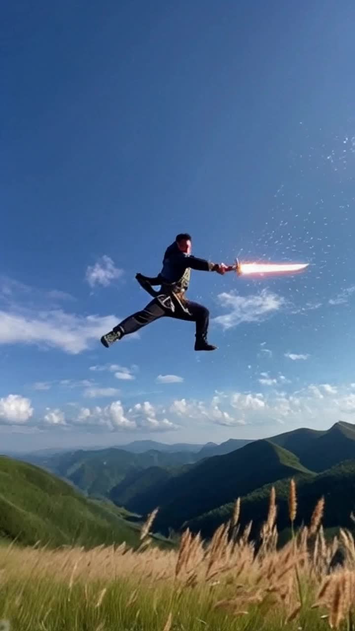 Young warrior launches into the air radiating vibrant energy blazing like a comet glowing aura trailing behind him agilely wielding a gleaming double-bladed saber amidst a breathtaking landscape lush green hills and shimmering blue sky resonating with powerful winds swaying tall grass below each movement creating ripples of energy summoning an epic sense of adventure