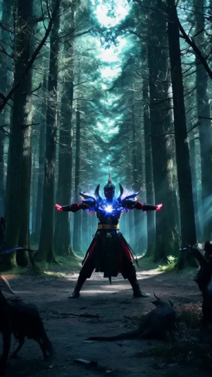 A lone warrior radiating vibrant energy pulses with brilliant hues launching powerful sonic waves scattering shadowy demons spiraling through the air maintains a fluid grace transitioning into ancient martial arts maneuvers dismantling foes with seamless precision. Surrounded by a mystical forest bathed in ethereal light where ancient trees whisper secrets as leaves dance in rhythm to the unleashed frequencies creating an atmosphere charged with energy and anticipation