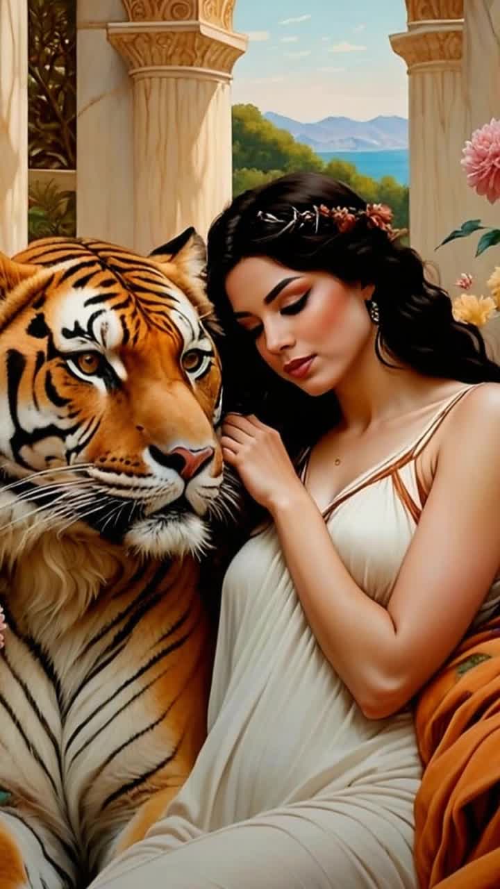 Graceful woman adorned in flowing silk gown gently caresses majestic tiger with amber eyes Heartfelt connection radiates between them Starlit forest glimmers softly enveloped in mystical fog moonlight dances through treetops casting enchanting shadows on their bond