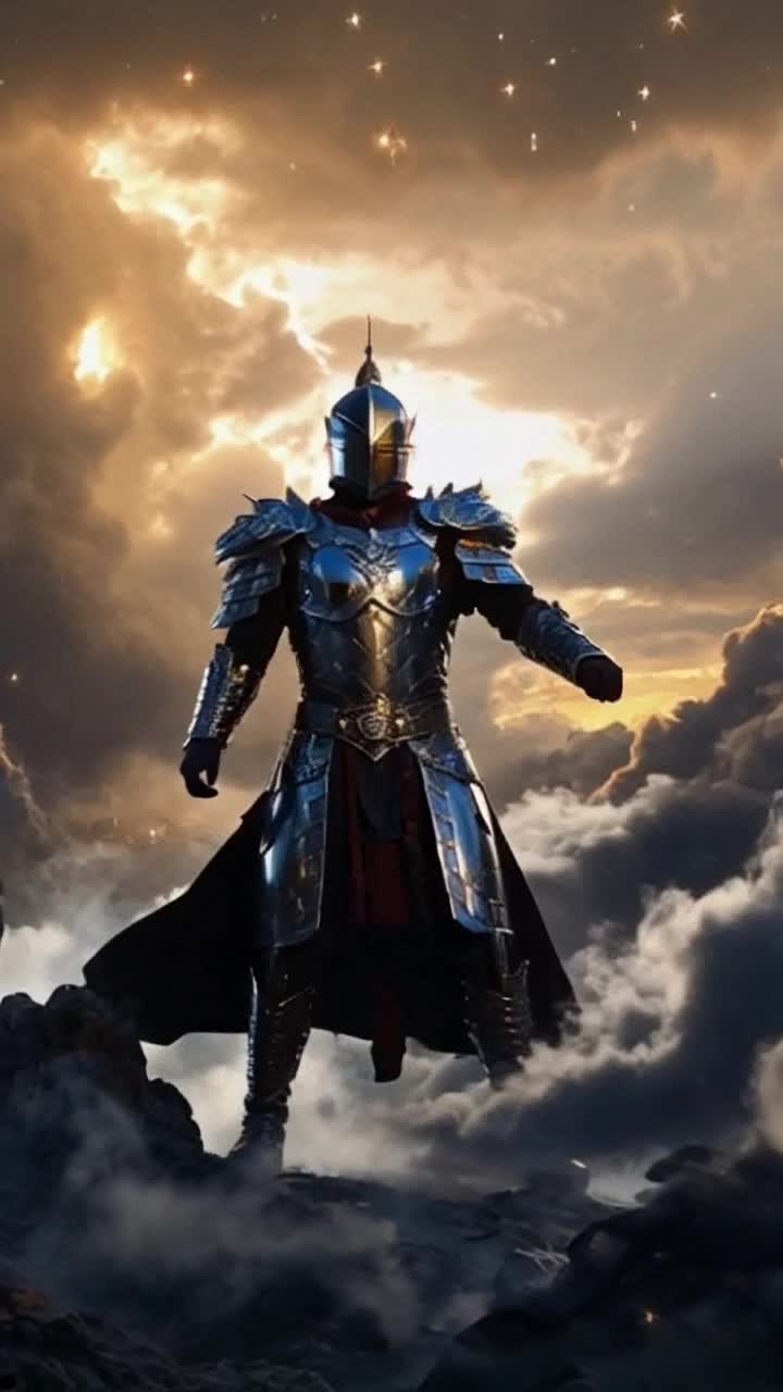 Warrior clad in shimmering armor radiating light as intricate designs catch the glow of distant stars Legions of ethereal angels soaring gracefully with majestic wings unfurled plunging into the fray Slashing blade piercing through dark swirling shadows amidst a backdrop of radiant clouds glowing with soft golden hues illuminating the stormy battleground below