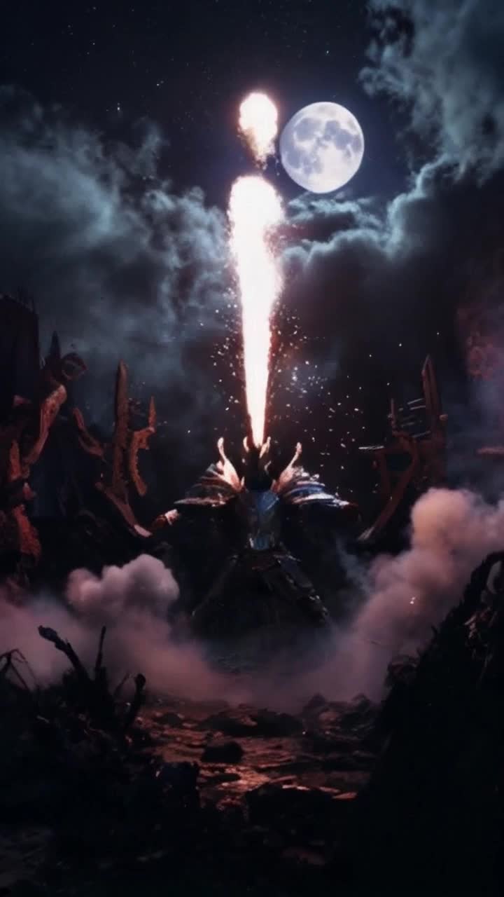 Dynamic warrior cloaked in shimmering armor fiercely unleashing spirals of radiant energy blasts vibrant explosions igniting the night sky Charging forward through swirling shadows rising from a darkened battlefield illuminated by flashes of light as ominous clouds swirl overhead a haunting moon casting an ethereal glow enchanting yet foreboding atmosphere