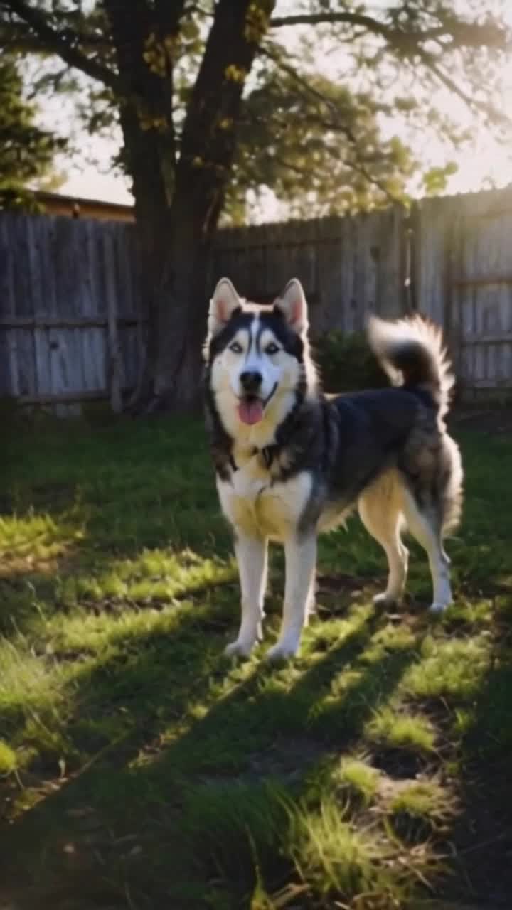 Opening Scene Slow motion Shot the camera slowly zooms in on the husky, eyes narrowed in determination, glistening tail wagging like a flag of victory Narrator dramatic voice In a backyard where danger lurks behind every corner, one hero rises against the most fearsome of threats the Stick