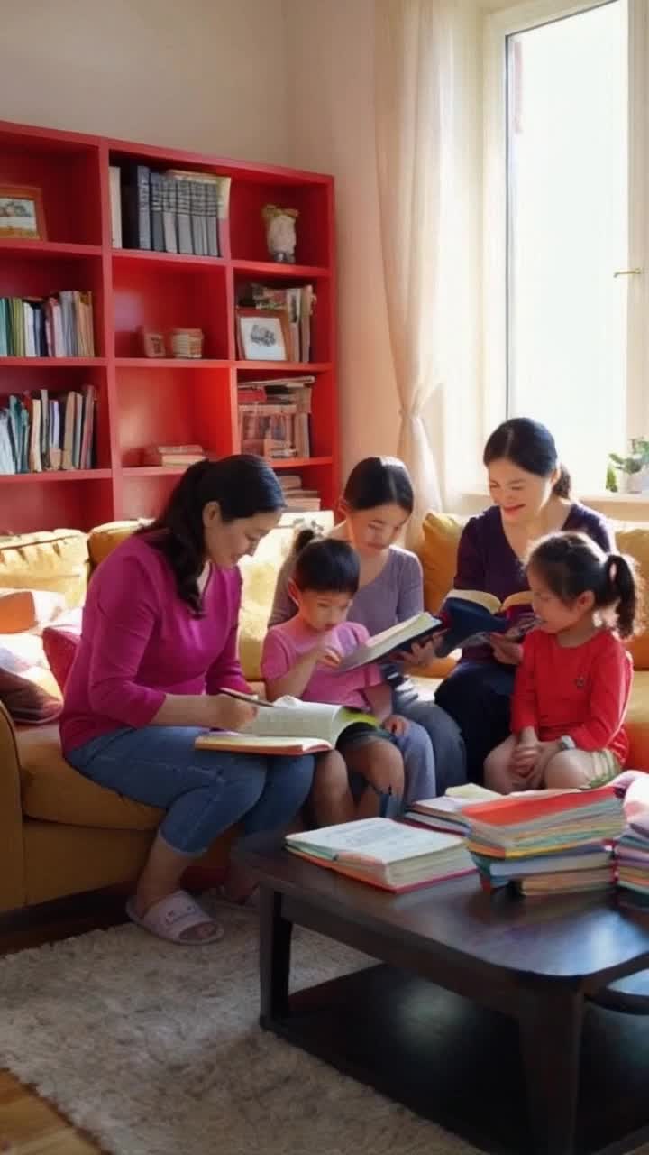 Mothers with gentle yet determined expressions standing firmly in cozy living rooms surrounded by colorful bookshelves and soft lighting encouraging children to study diligently Children, with books in hand, flipping pages and scribbling notes with focused yet curious looks on their faces Warm afternoon sunlight filtering through open windows casting playful shadows creating a comforting atmosphere filled with whispers of love and guidance