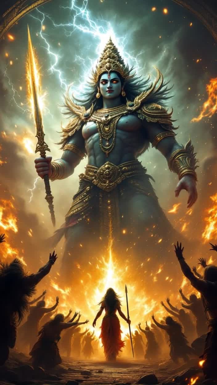 Mighty Mahishasura towering in a grand chaotic palace surrounded by trembling asura soldiers filled with fear Radiance of Goddess Katyayani arrives riding a majestic lion exuding divine calmness Wielding a shimmering trident and a sharp sword Shadows flicker as Mahishasura bellows with arrogance demanding to know her whereabouts While fierce winds and swirling dust envelop the battlefield thunderous challenges echo amidst clashing forces Lightning strikes illuminate the scene during their brutal duel as fireballs blast through the air Goddess Katyayanis eyes gleam with purpose as she declares his fate With a final sweeping strike