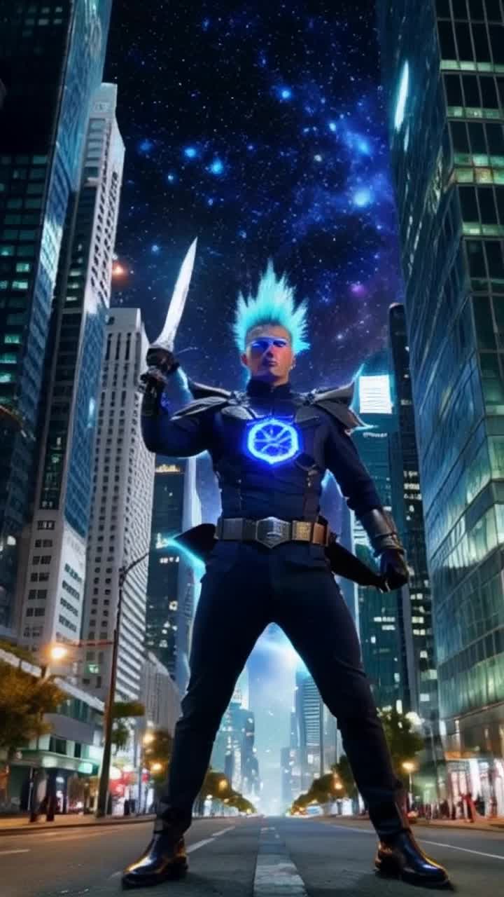 Chosen warrior from the 7th dimension with spiky hair radiating atomic blue energy lunges forward swinging Atomic Saber of Archangel Michael in a dazzling arc illuminating the night sky Background filled with towering neon skyscrapers pulsating with vibrant colors shimmering streets beneath a starry cosmos swirling with cosmic dust