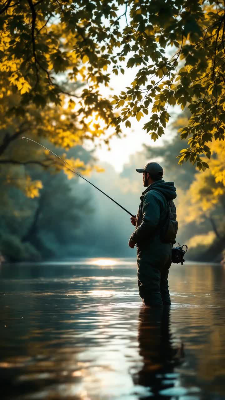 Fly fishing in a slow stream with overhanging trees