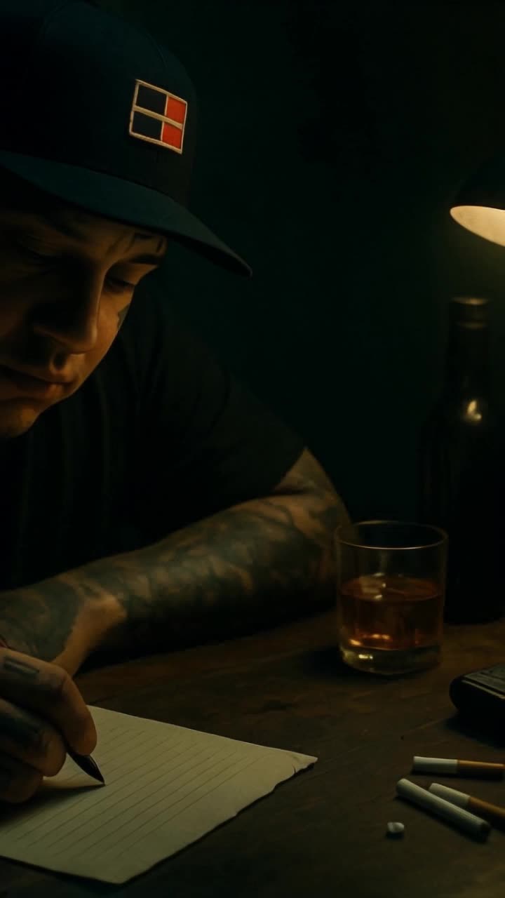 Intricate tattoos covering strong forearms of a brooding man dressed in sleek black attire seated at a massive rustic wooden desk Carefully crafting words with a vintage fountain pen gliding smoothly across aged paper Surrounding him a menacing Glock 17 gleaming coldly beside scattered pills a slender cigarette smoldering in an ashtray and a halffull whiskey glass reflecting dim light Shadows loom in an eerie abandoned room where peeling paint whispers secrets of the past Begin with an intimate closeup of ink flowing from the pen savoring the rhythmic scratch before slowly pulling back to reveal the haunting scene