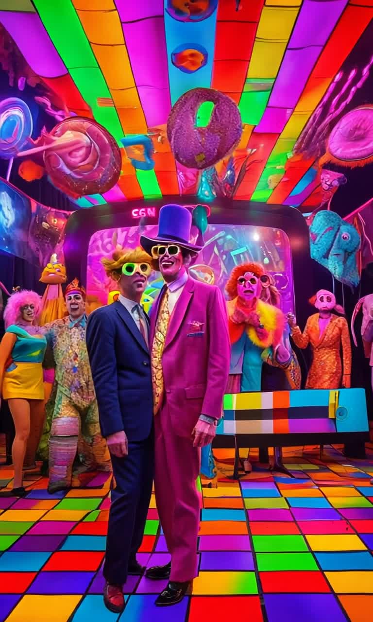 Grotesque creatures with drooping snouts twisted horns long tails adorned in vibrant mod 1960s attire collide in chaotic banter and laughter amidst zany psychedelic game show atmosphere Colorful oversized squares flash neon lights from a backdrop overflowing with psychedelic patterns rich in vibrant hues echoing vintage television sets Ridiculous challenges unfold as these bizarre contestants drool squabble and engage in comical displays of charm and horror capturing the absurdity of this parody