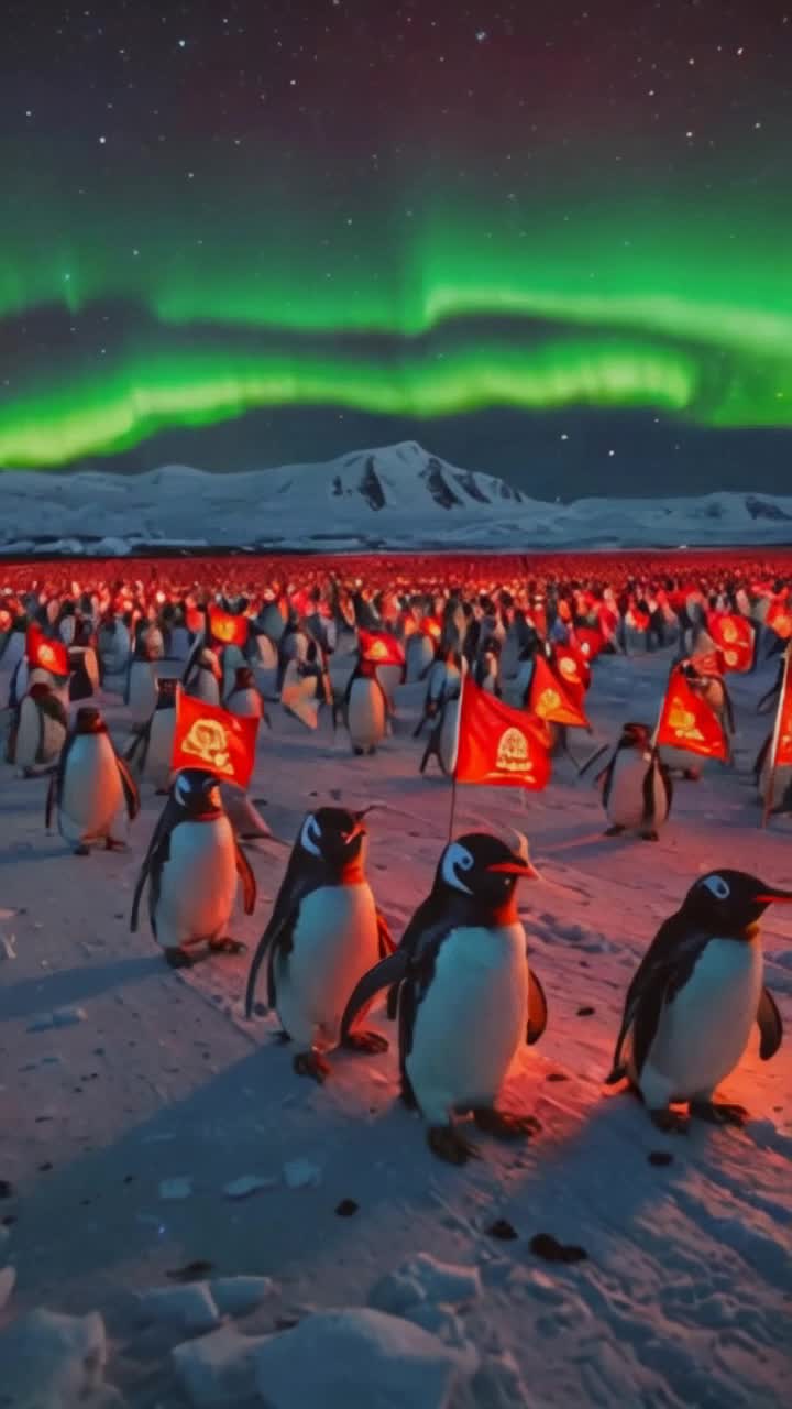 Penguin soldier parade, wearing red, and white camo, in the antarctic, aroura, flags