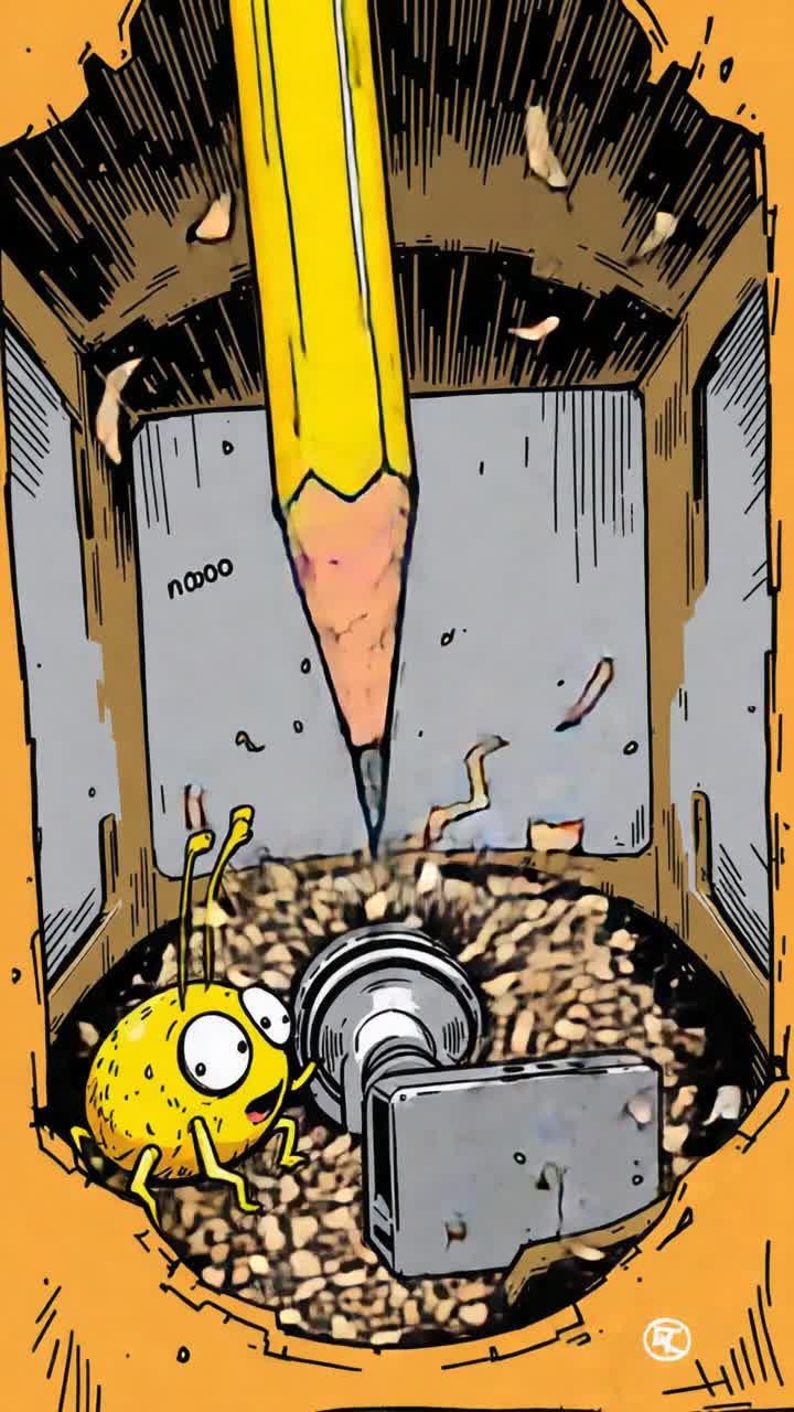 Point of view inside a hand crank pencil sharpener as a new yellow number 2 pencil is inserted, a bug foot grips the crank handle and the sharpening begins  It almost looks like a surprised face is forming in the shaving of the wood spiraling out from the turning grinding mechanism as the lead is bared in a fine sharp point      But no, the immediately terrified face is gone, an echo of anguished noooo fades into tragic silence as the bug begins to whistle a jaunty tune