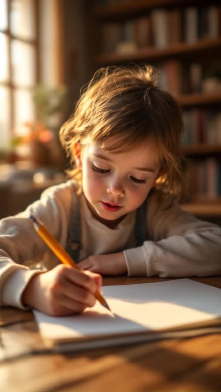 Child writing with a pencil the pencil turns into flowers while writing 